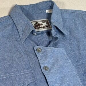 Vtg Frontier Rider Mens Denim Western Shirt Long Sleeve Pearl Snap Buttons USA